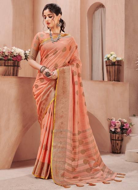 Peach Colour Latest Fancy Ethnic Wear Linen With Resham Work Designer Saree Collection CB-04